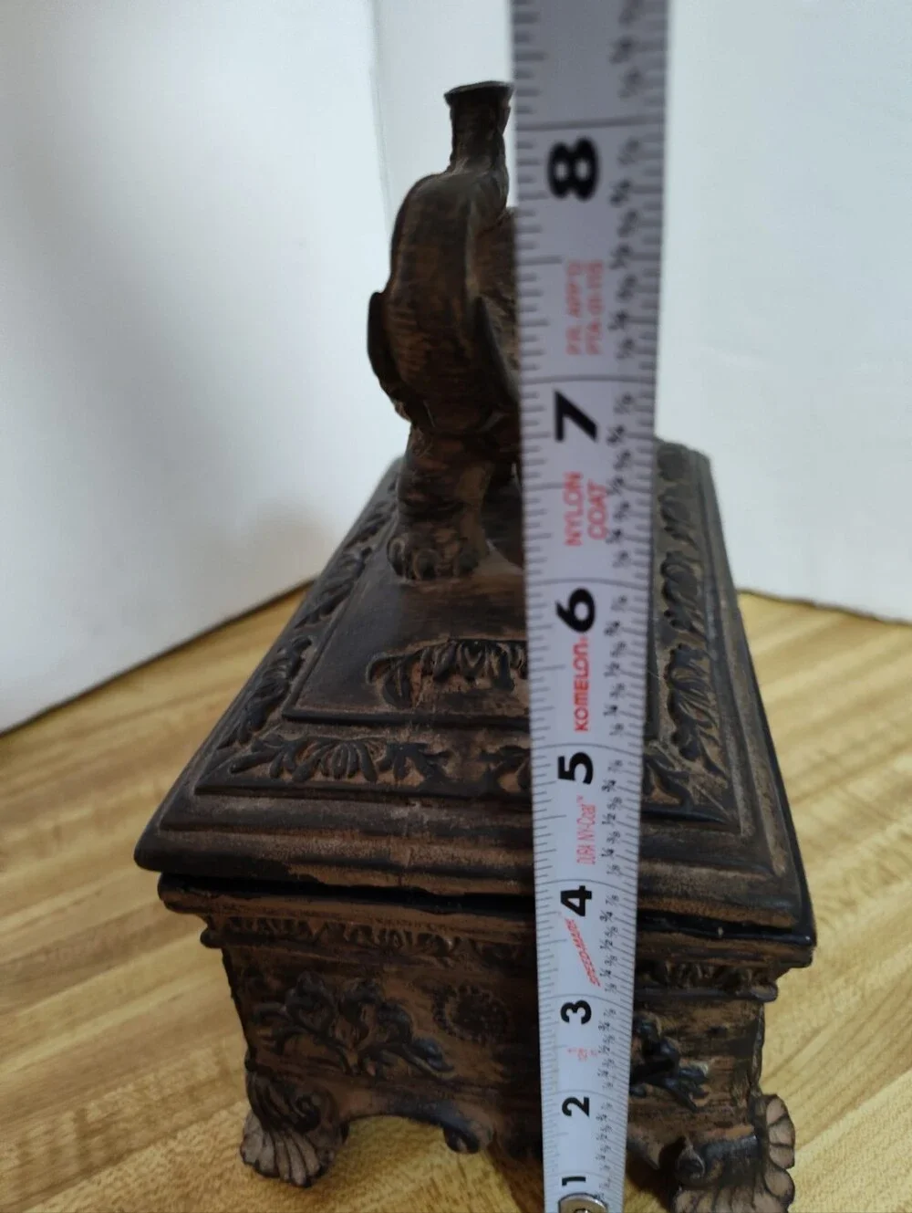 Ornate elephant trinket/jewelry box with raised elephant lid, floral relief desi